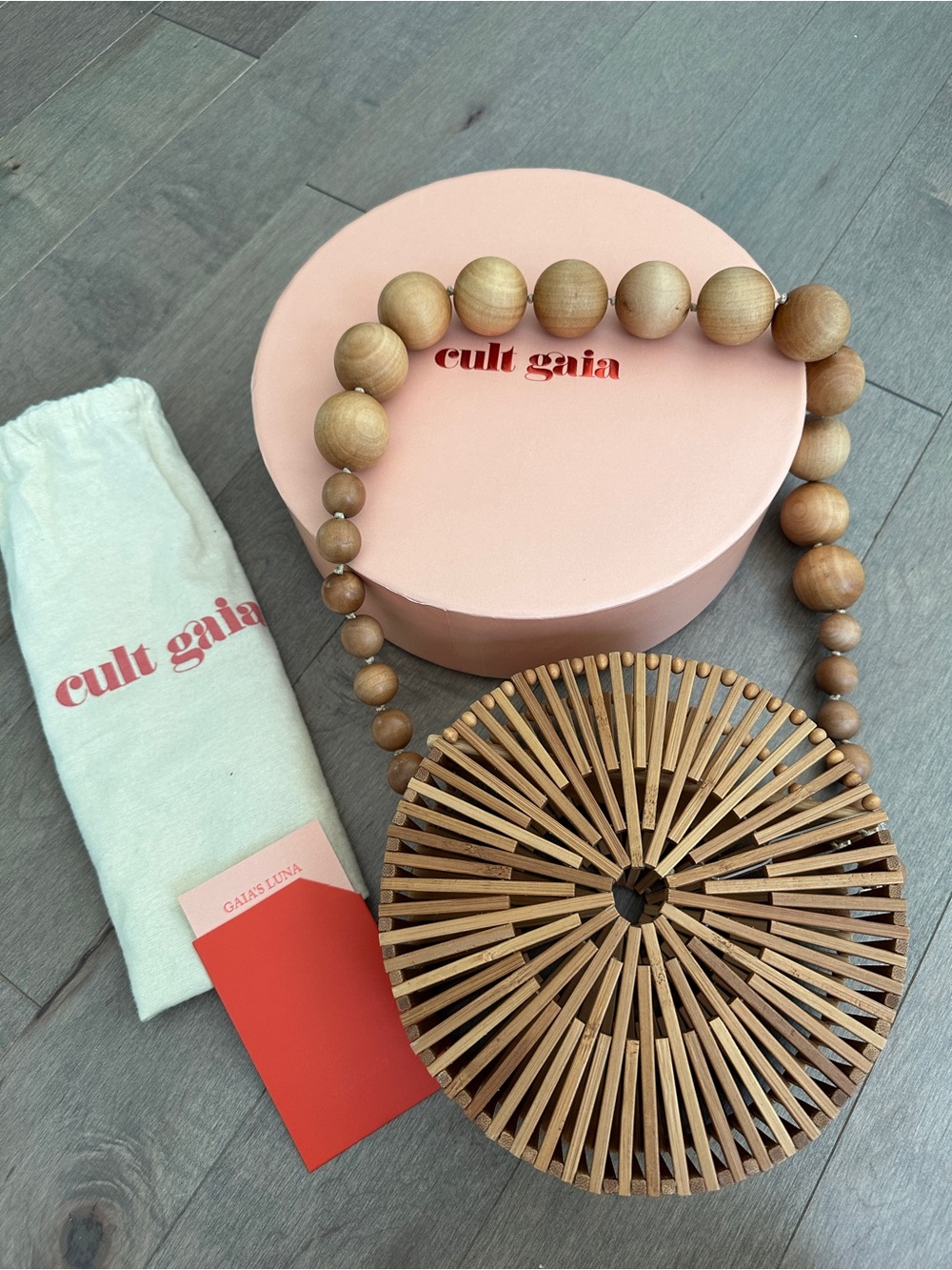 Cult Gaia Round Bamboo Luna Bag with Wooden Bead Handle - Natural